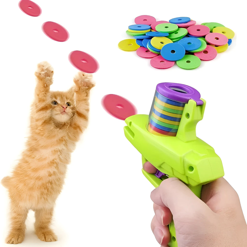 Green and purple battery-free interactive cat toy launcher with foam disc