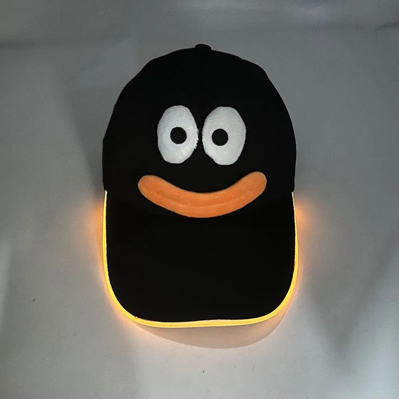 Halloween LED baseball cap showing light-up pumpkin design on black cloth material