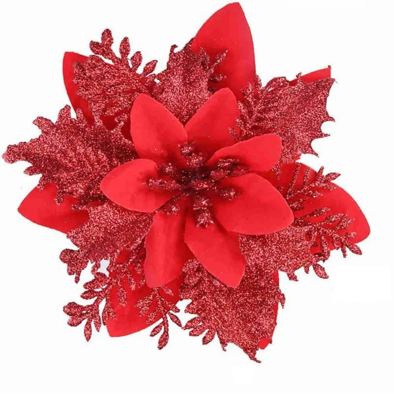 14cm gold powder double-layer artificial Christmas flower on a white background