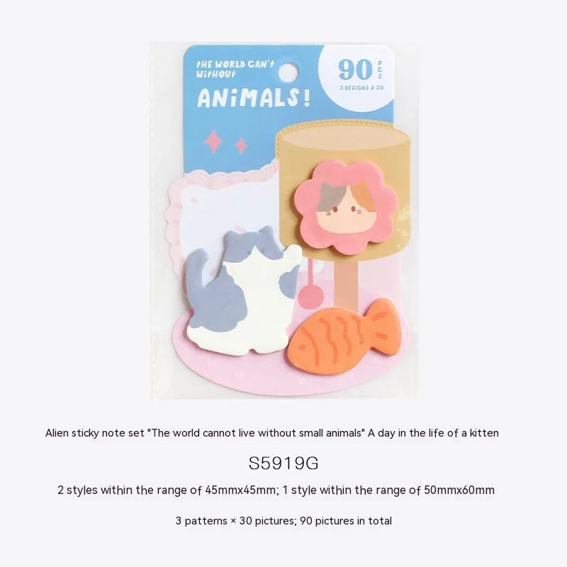 Animal shaped sticky note set showing six cover colour options including kitten and puppy designs