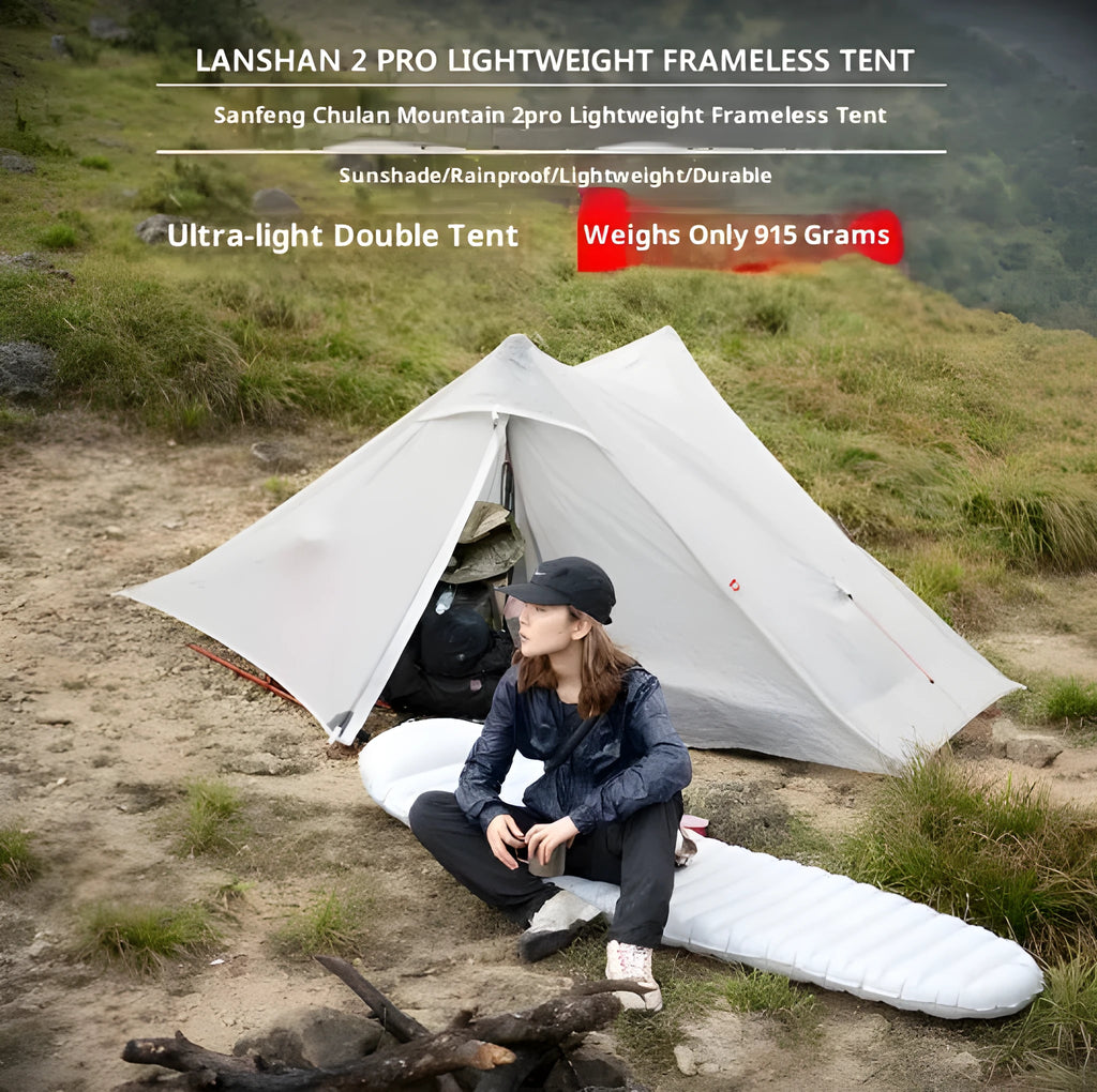 Ultralight pole-free pyramid tent double person nylon 5000mm waterproof in grey white khaki or dark green