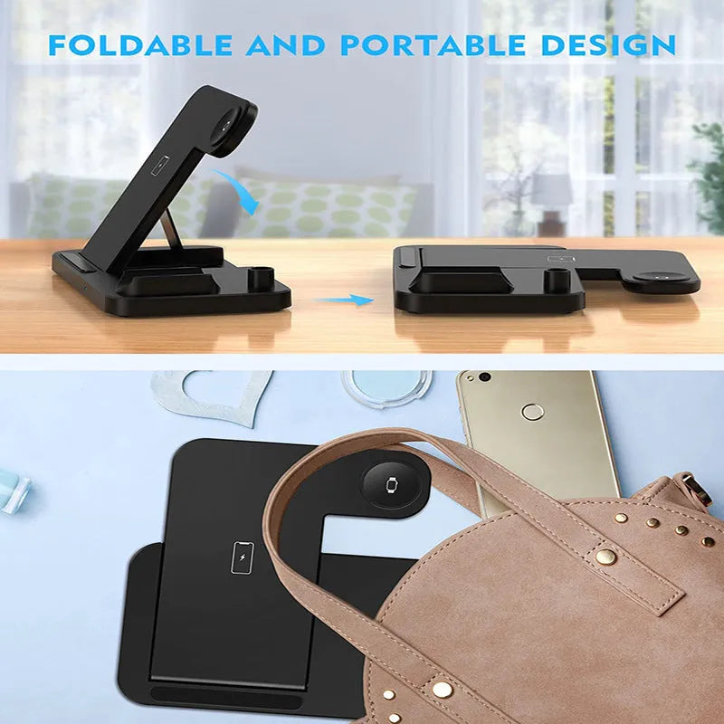 Black four-in-one wireless charging station with QC3.0 fast charging head for multiple mobile phones