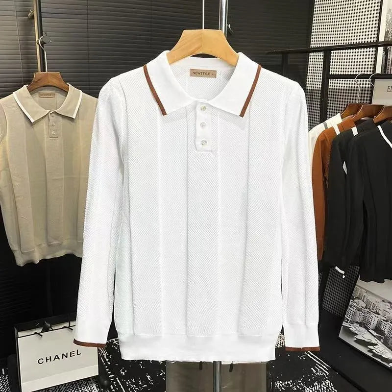 White cotton polo collar colour-blocking long sleeve knit sweater loose fit youth