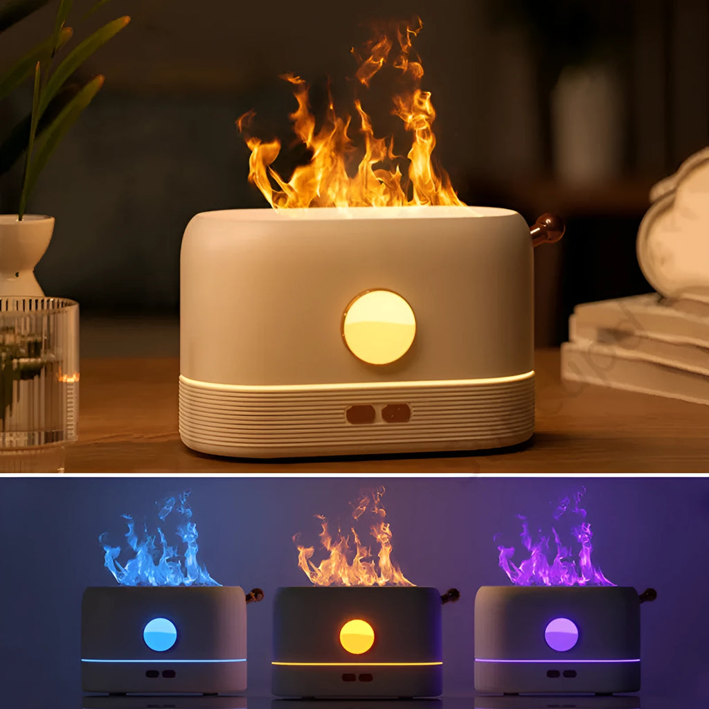 Black USB humidifier with flame simulation effect on wooden desktop
