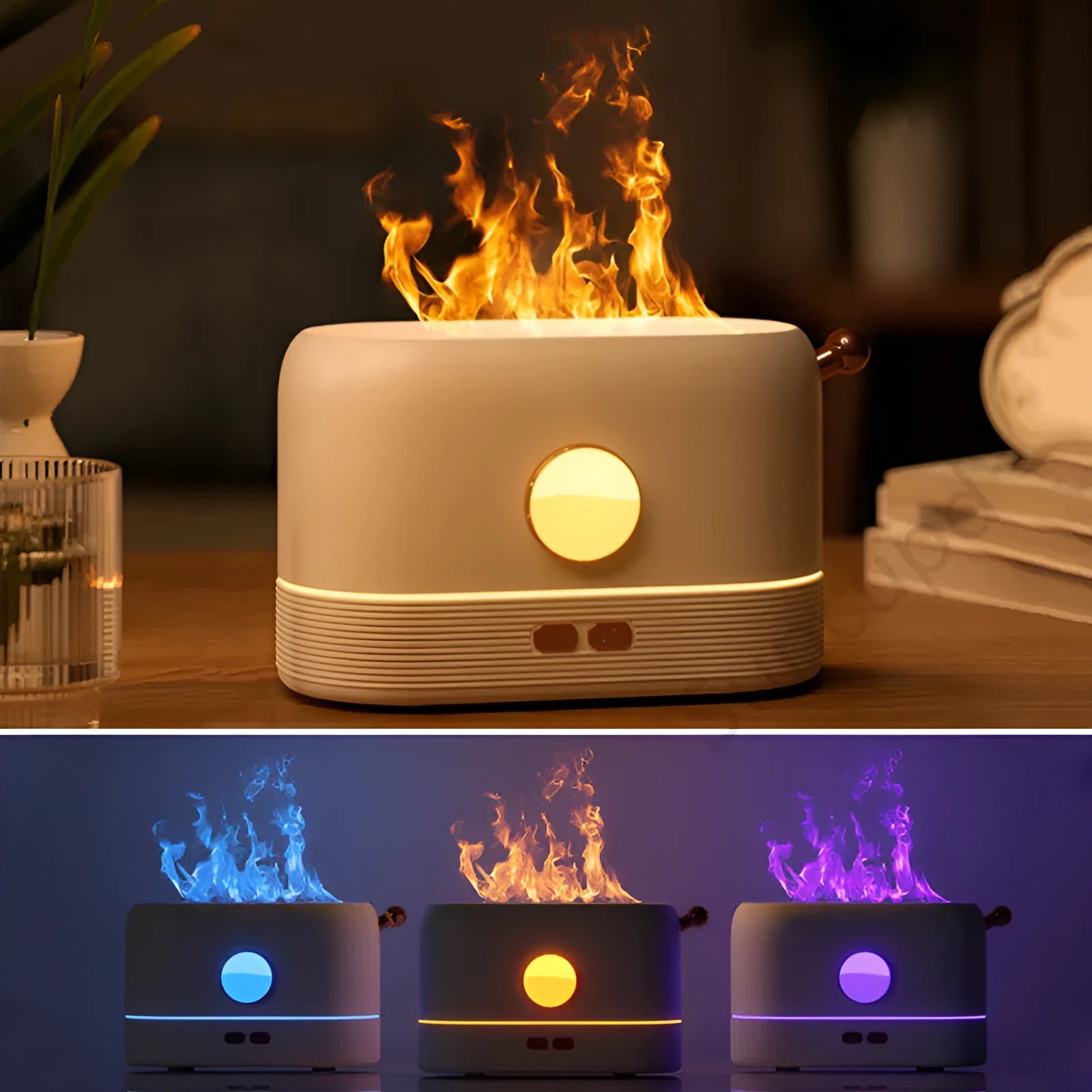 Black USB humidifier with flame simulation effect on wooden desktop