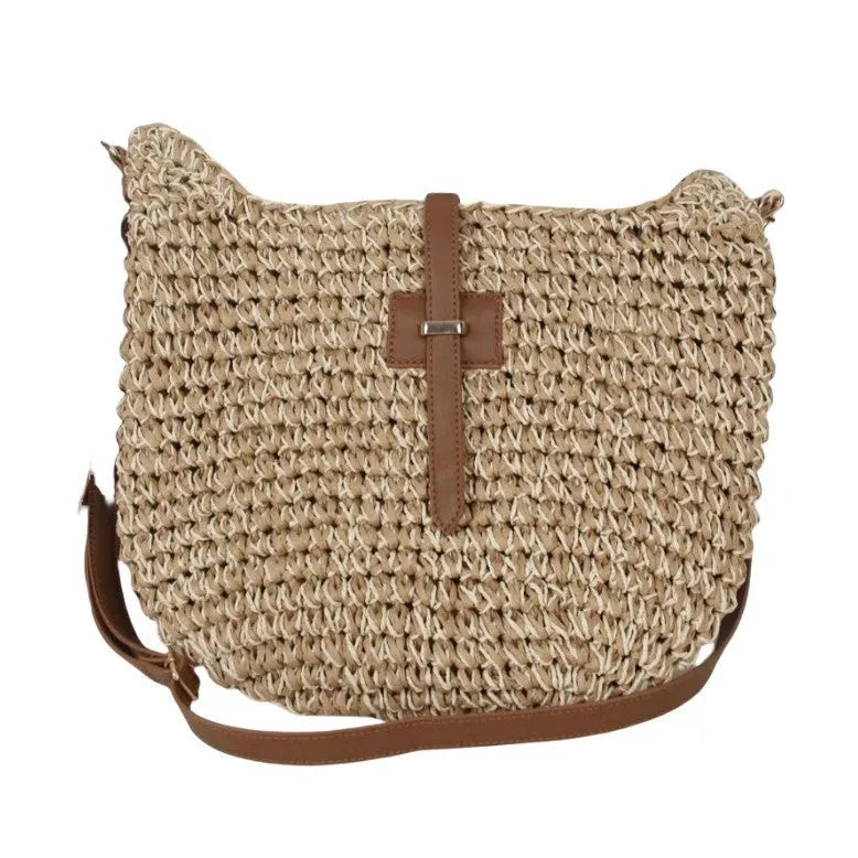 Handmade beige woven fashion bag with sandwich pocket and adjustable shoulder strap