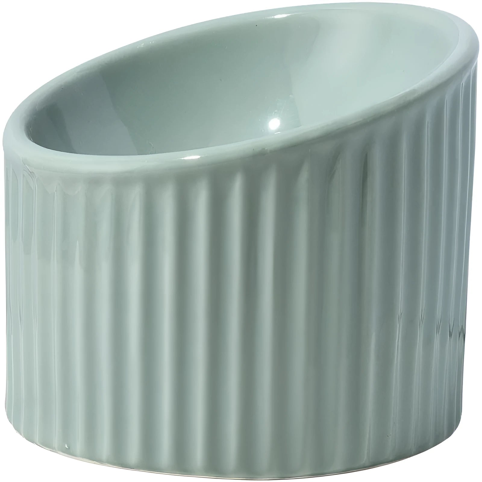 Dark green ceramic raised cat bowl with tilted design on a wooden surface.
