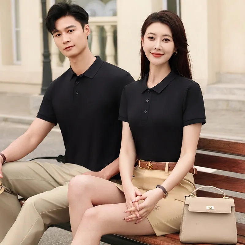 Men's short sleeve polo T-shirt in cotton spandex fabric, shown in multiple colour options.