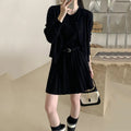Grey art retro knitted two-piece set for women, showing a vest skirt and long-sleeved cardigan with a belt.