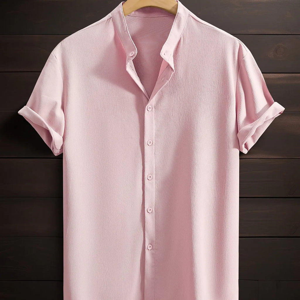 Men's casual breathable polyester fibre stand collar short sleeve shirt in solid colour, loose fit non-iron, front view