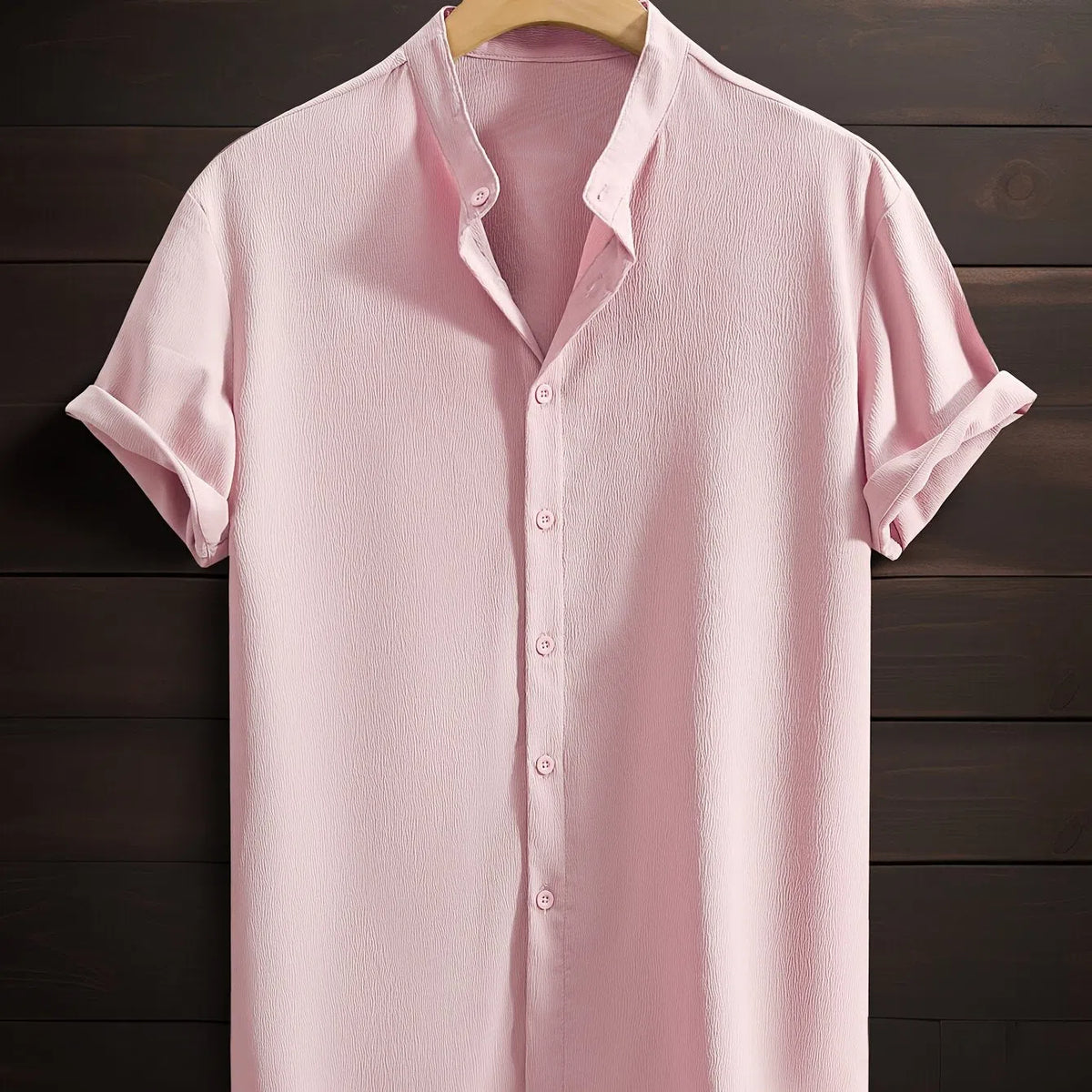 Men's casual breathable polyester fibre stand collar short sleeve shirt in solid colour, loose fit non-iron, front view