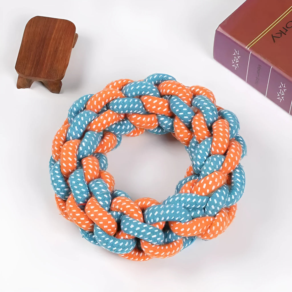 Cotton string braided ring pet chew toy in random colour, approximately 18cm woven design