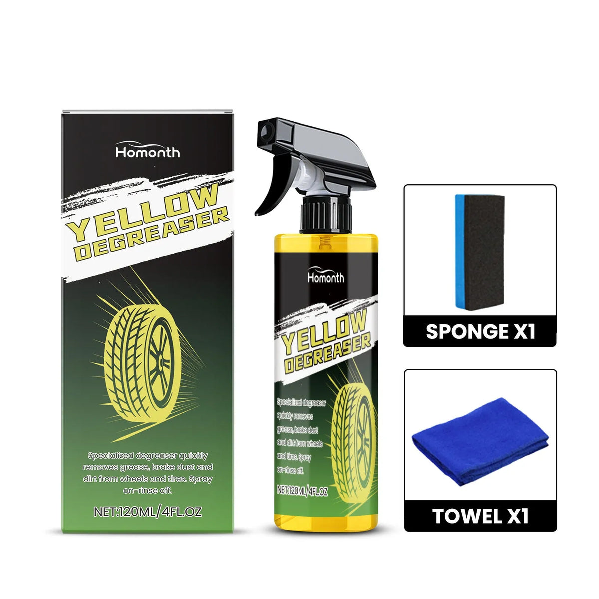 120ml car wheel cleaner bottle with sponge and square towel for rust and stain removal on wheels