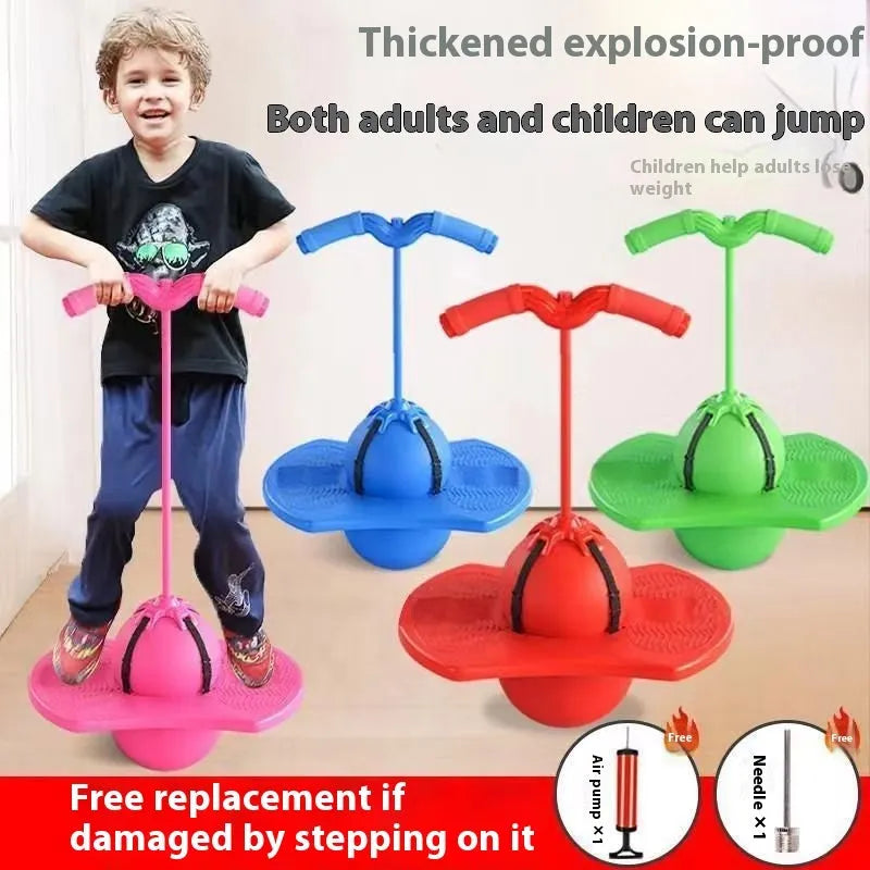 Plastic bouncing ball with handle or cordless options in blue, pink, or purple, for ages 7-14