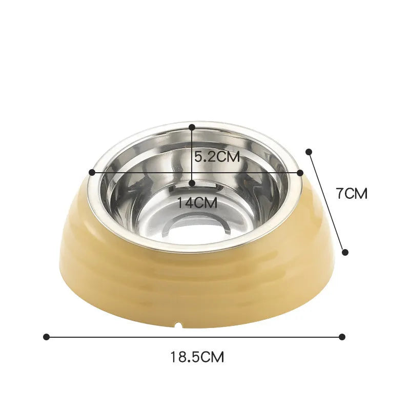 A single stainless steel cat bowl made of plastic, shown in beige, brown, and light green.