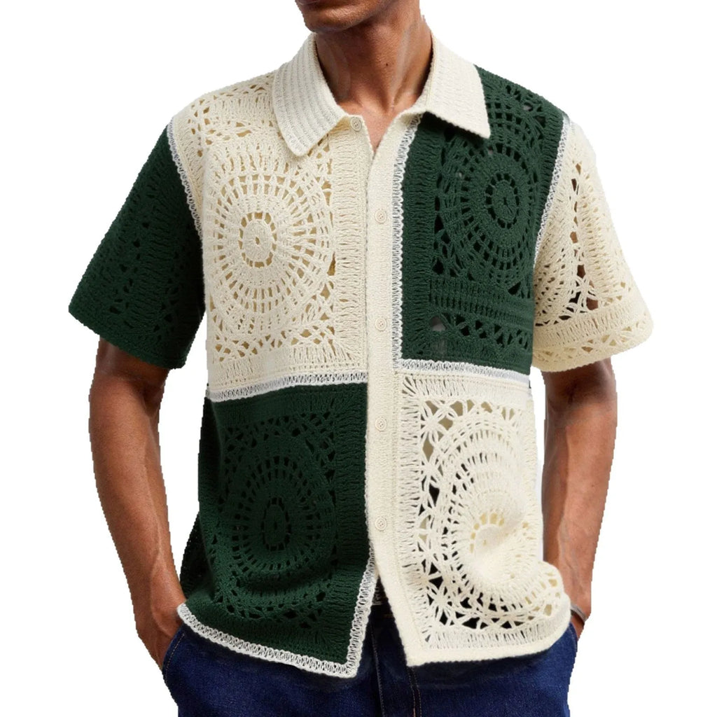 Beige colourblock men's short sleeve knitwear shirt on a hanger showing flocking detail and regular fit.