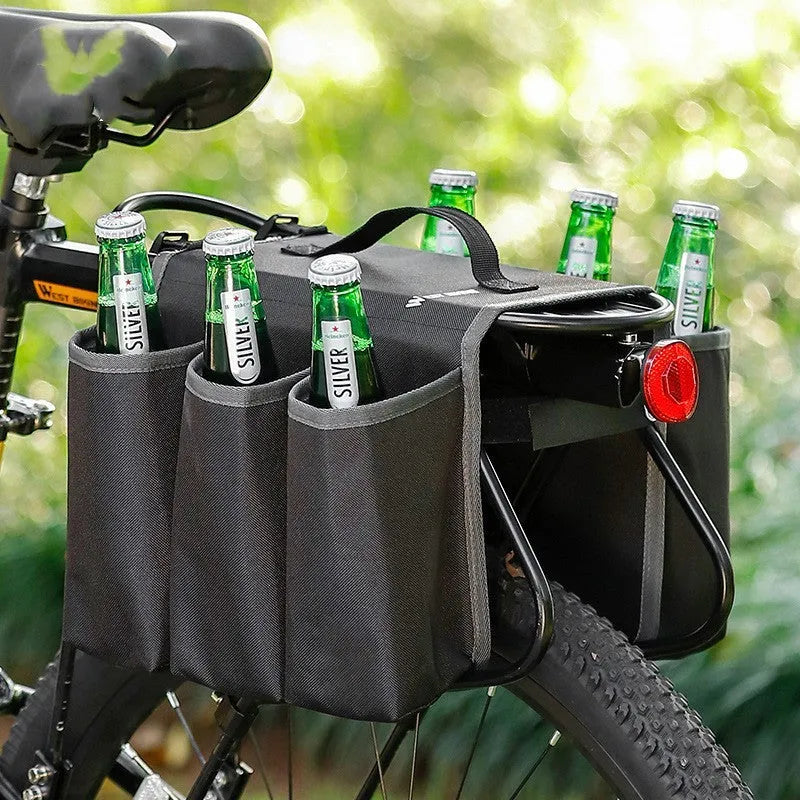 Black and blue orange double-sided bicycle drink storage bag made from 600D PVC with 2L capacity.