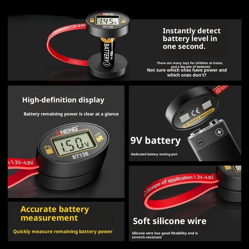 BT138 digital display battery detector with magnetic backing on a table