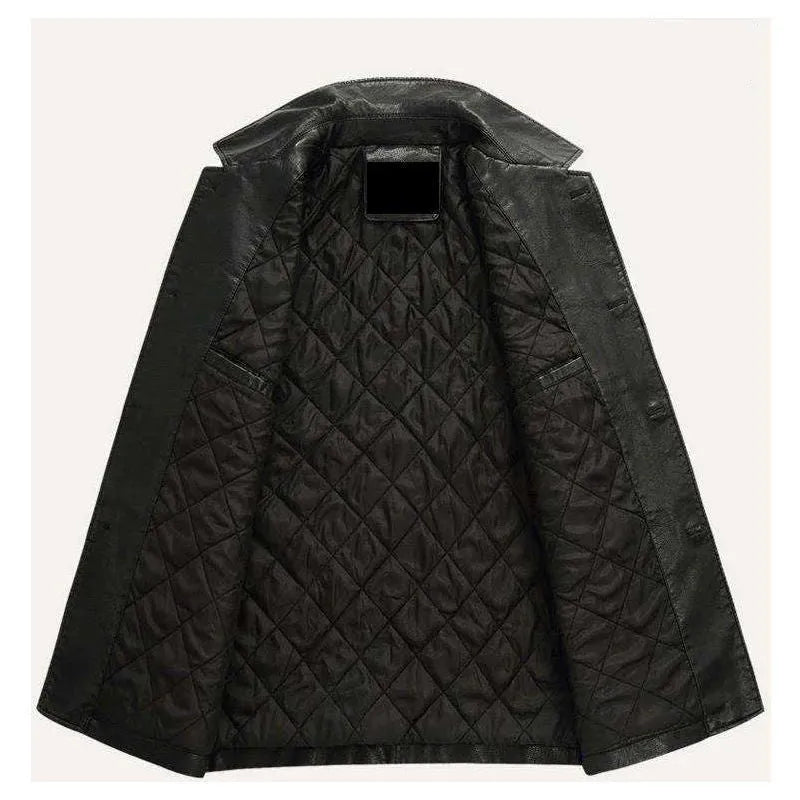 Men's solid colour PU leather polo collar coat with extended 100cm length and tight fit in black