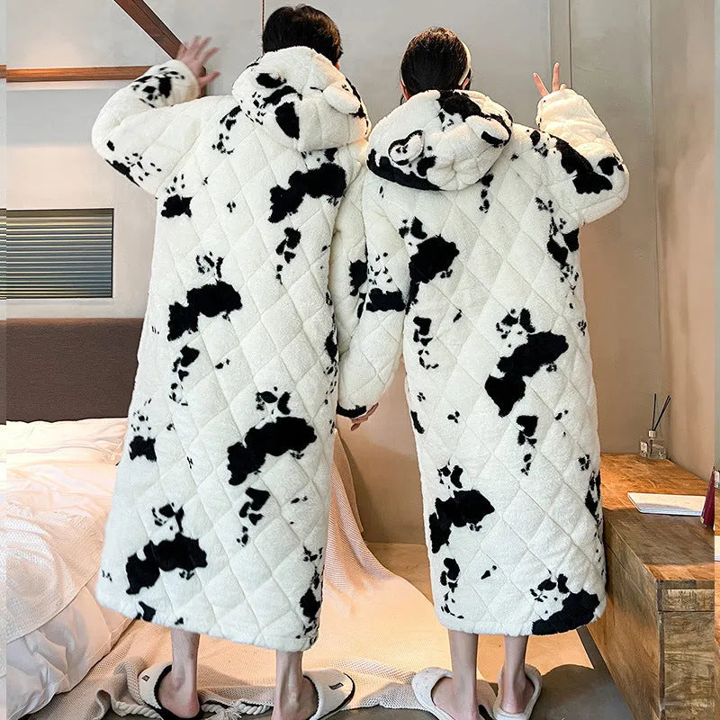 Men's winter quilted cow print coral fleece nightgown, thick warm bathrobe homewear