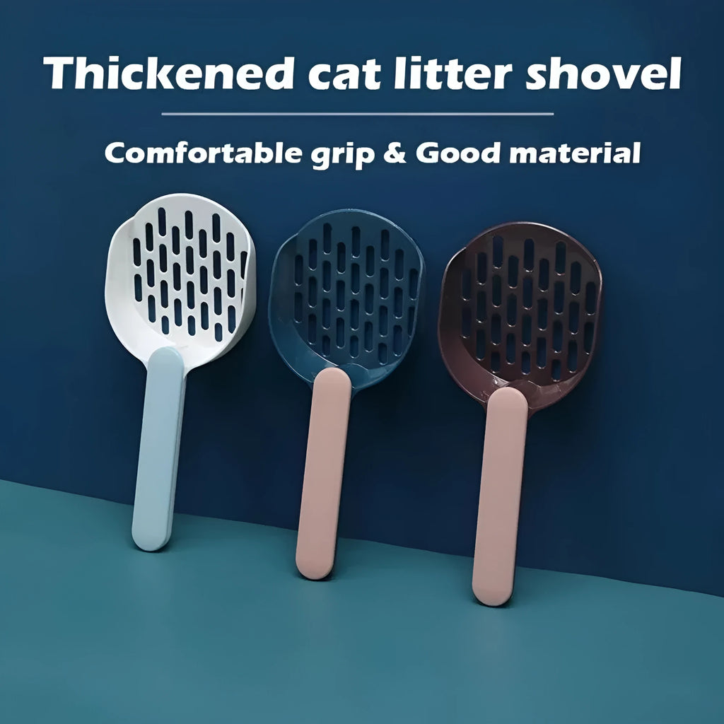 Plastic cat litter shovel in blue colour showing scoop design for litter box cleaning