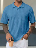 Retro button lapel short sleeve t-shirt in cotton blend fabric, loose fit with side slit detail