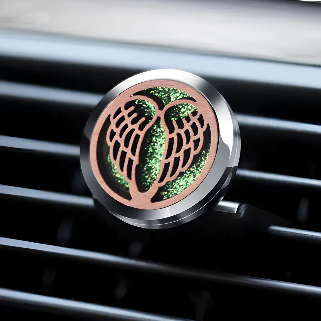 Circular car air vent aromatherapy clip with hollow wood and alloy construction in multiple colour options