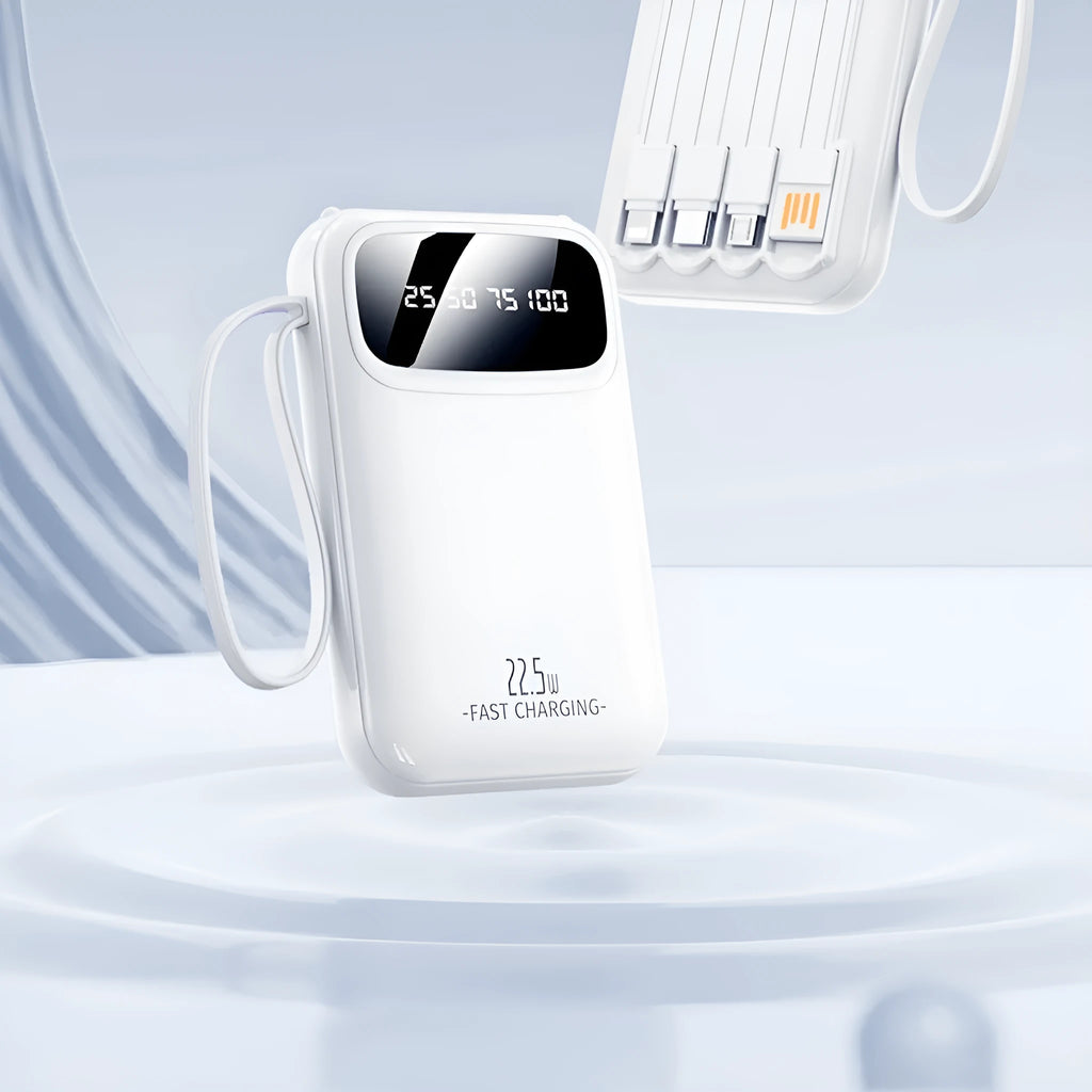 Moon White portable power bank 20000mAh 22.5W with screen and built-in cable on table