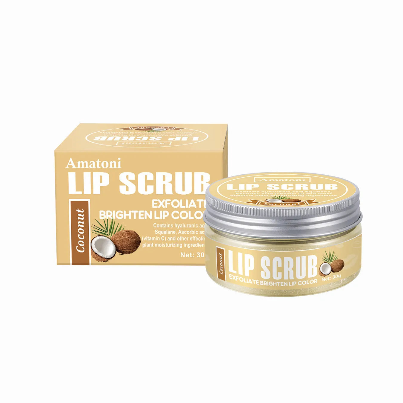 Amatoni Lip Scrub pot in four flavour options: coconut, raspberry, vanilla, and watermelon