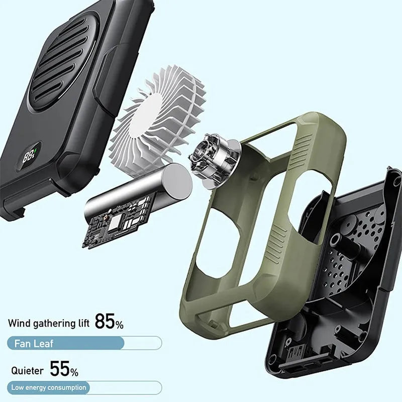 Green leafless waist hanging fan with USB charging port for outdoor sports cooling