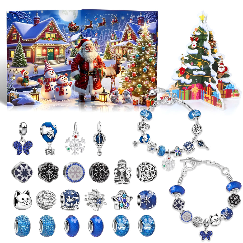 24-grid Christmas advent calendar in flip vertical blue with zinc alloy finish and bracelet blind box