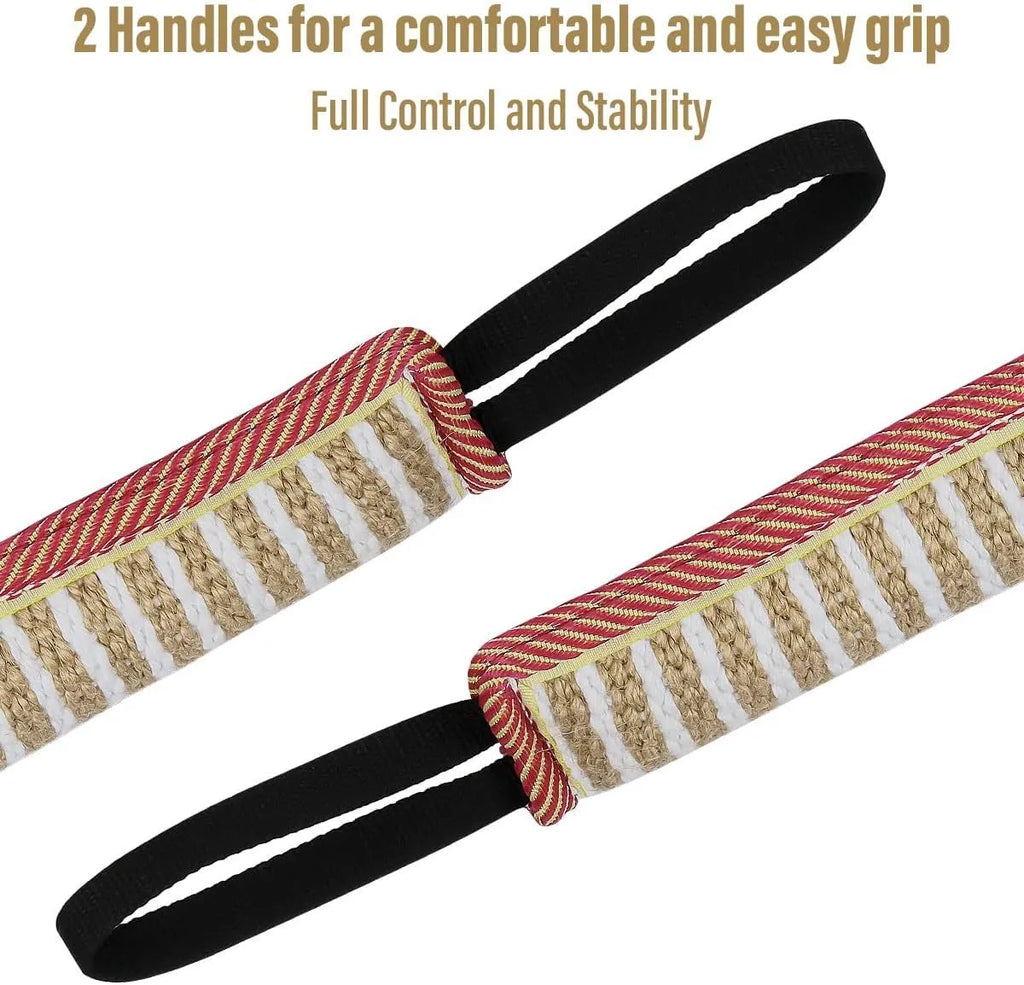 Beige jute dog tug toy with two fabric handles on a white background
