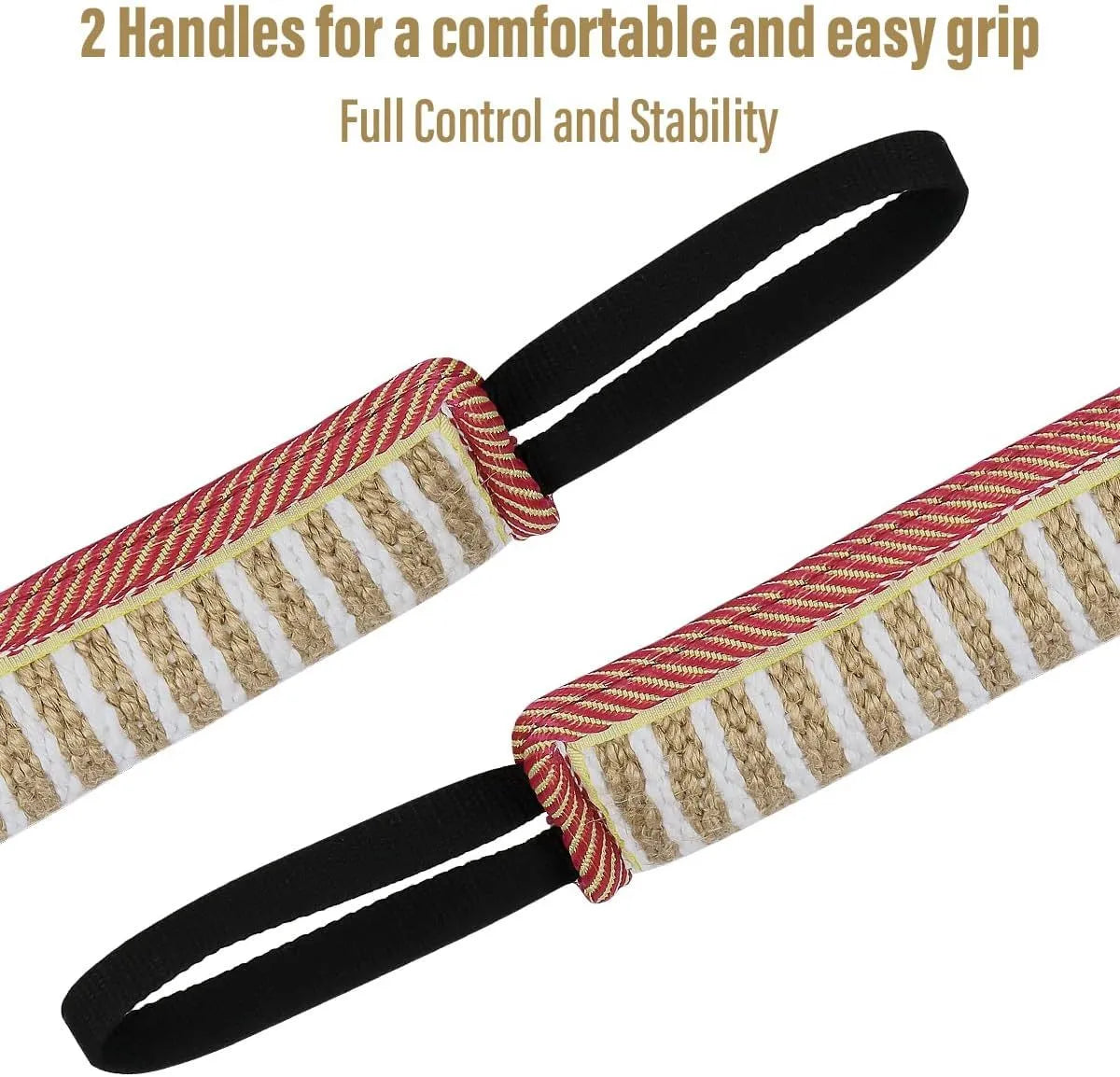 Beige jute dog tug toy with two fabric handles on a white background