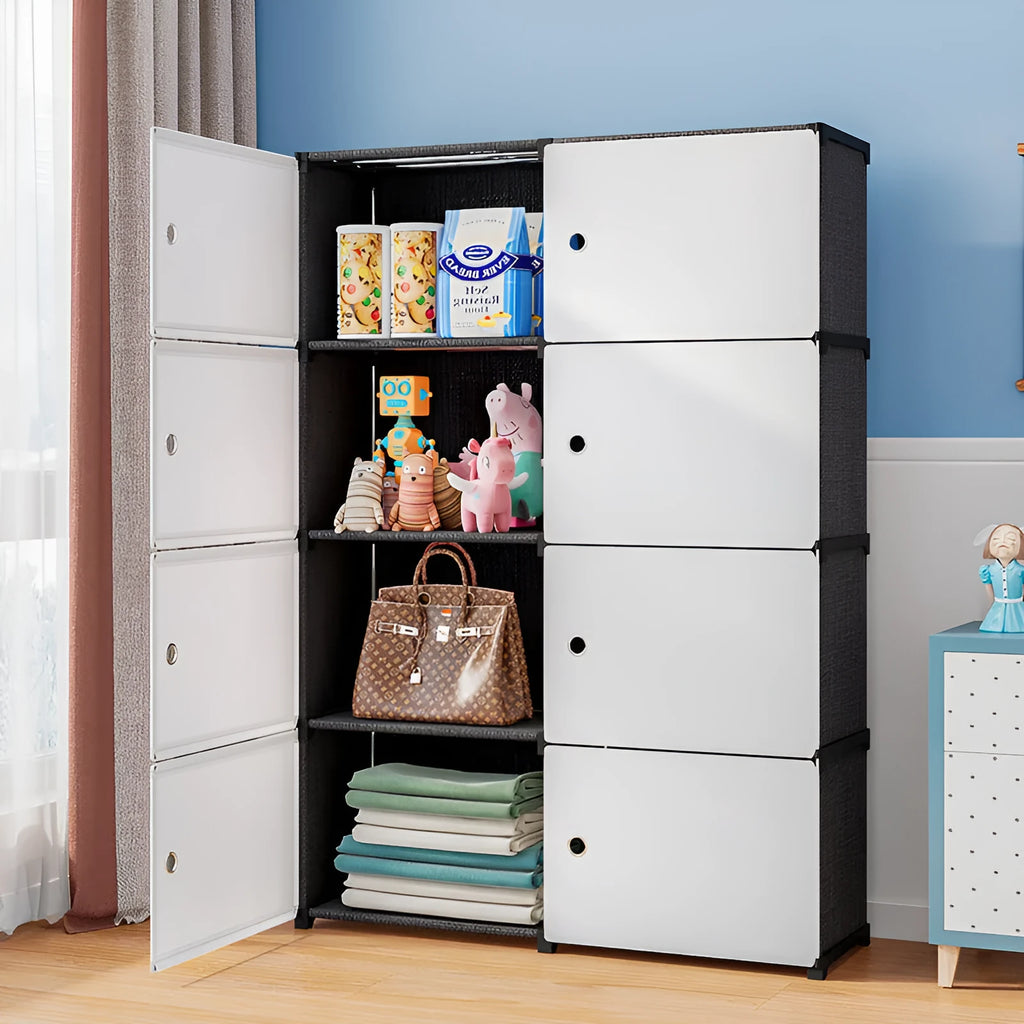 Black and white PP grid storage cabinet with door, modular floor unit for living room