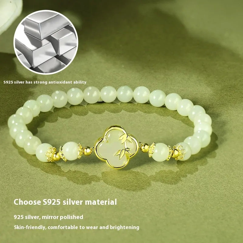 Hetian jade bracelet and necklace set with bamboo newspaper design and carved leaf shapes