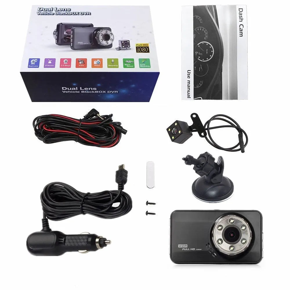 T638+ dual-lens driving recorder with 1080P HD, 170° wide angle, G-sensor, and 3.0 inch LCD screen