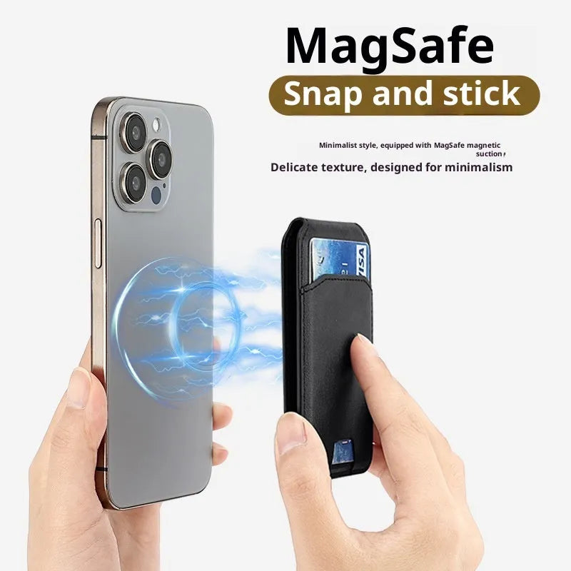 Multifunctional PU mobile phone holder card bag with magnetic suction folding stand in black