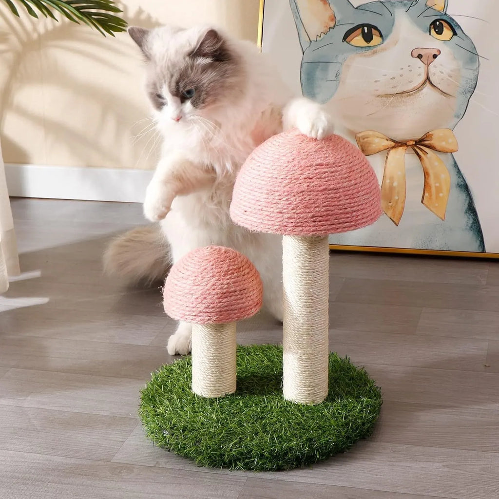 Pink mushroom-shaped cat scratching post with natural sisal covering for kittens and small cats