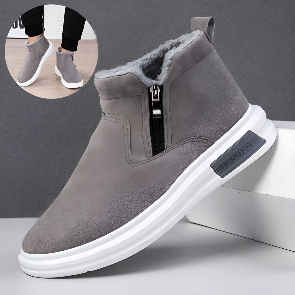Men's winter snow boots with side zipper, plush lining, cotton upper and wear-resistant rubber outsole in black or grey.