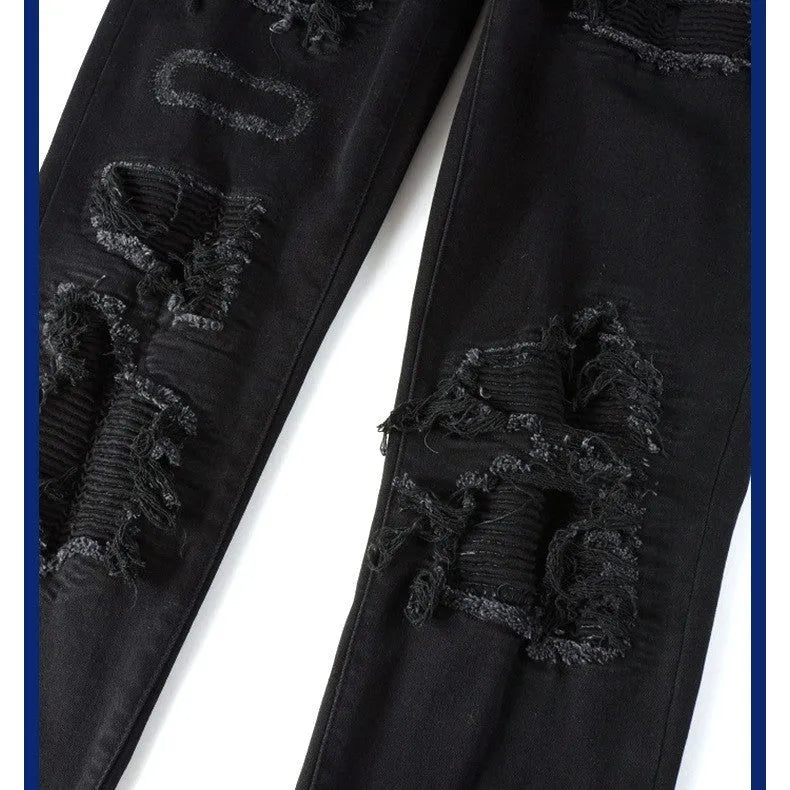 Black pleated jeans for men with double waistband, zip placket and collage splicing detail, 98% cotton