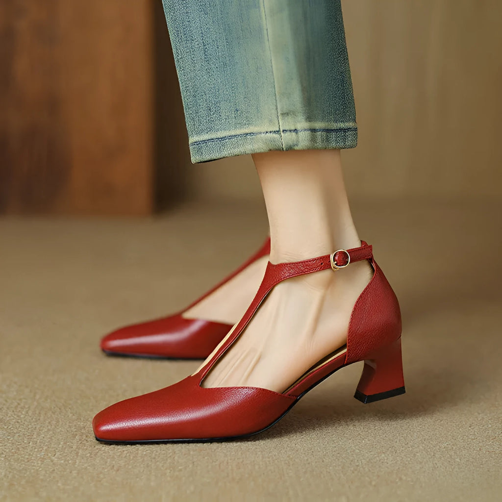 Wine red sheepskin leather retro shoes with square toe, chunky heel, and ankle buckle.