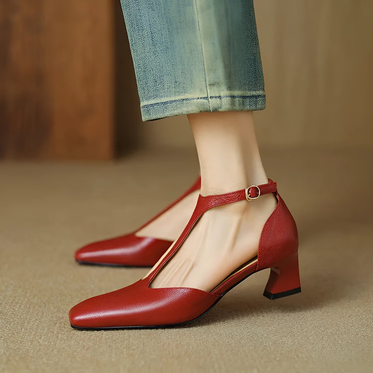 Wine red sheepskin leather retro shoes with square toe, chunky heel, and ankle buckle.