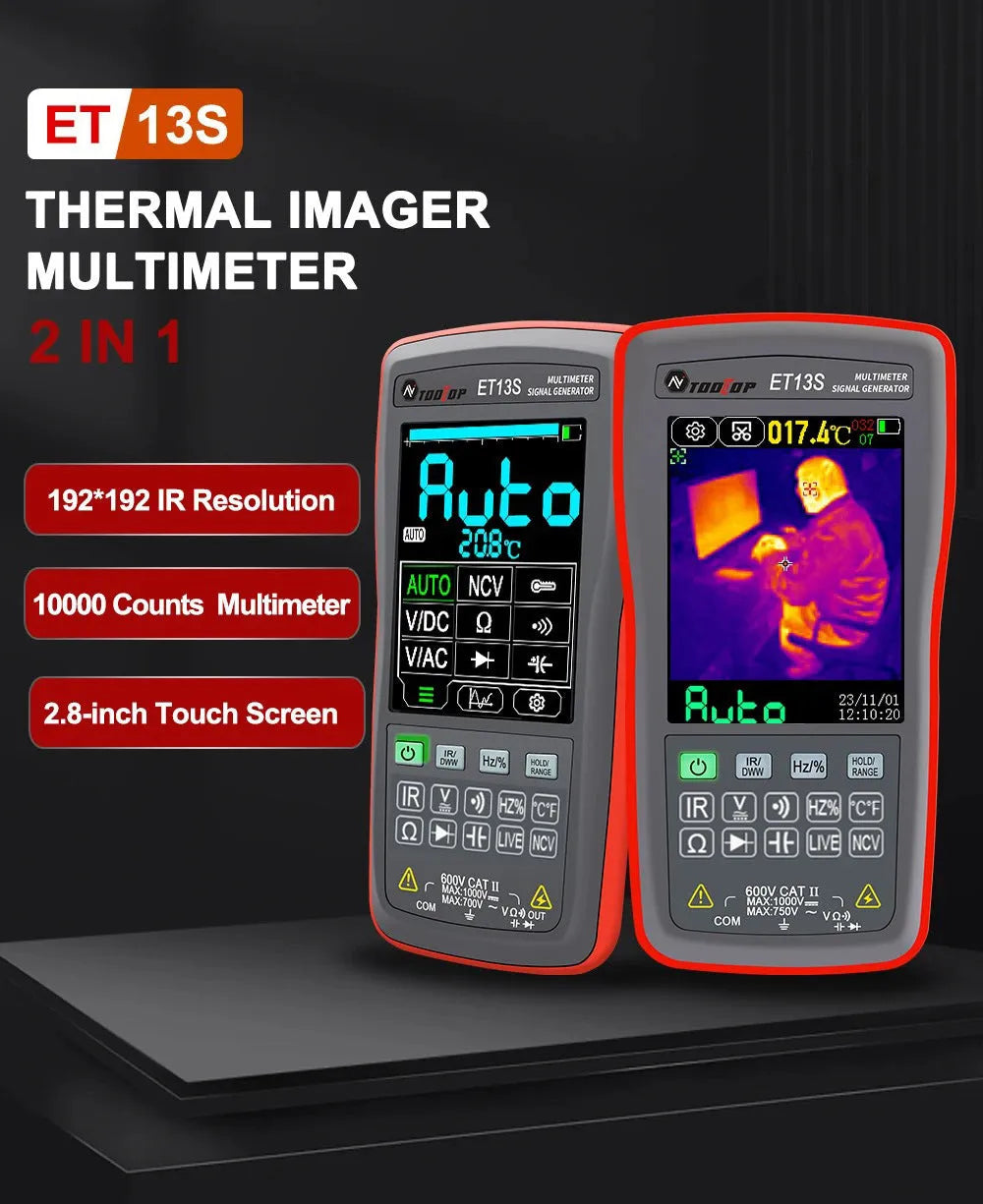 ET13S thermal imaging multimeter showing thermal camera display on its 2.8-inch screen.