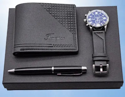 Modern business gift set showing wallet, pen and watch in brown and black colour options with gift box