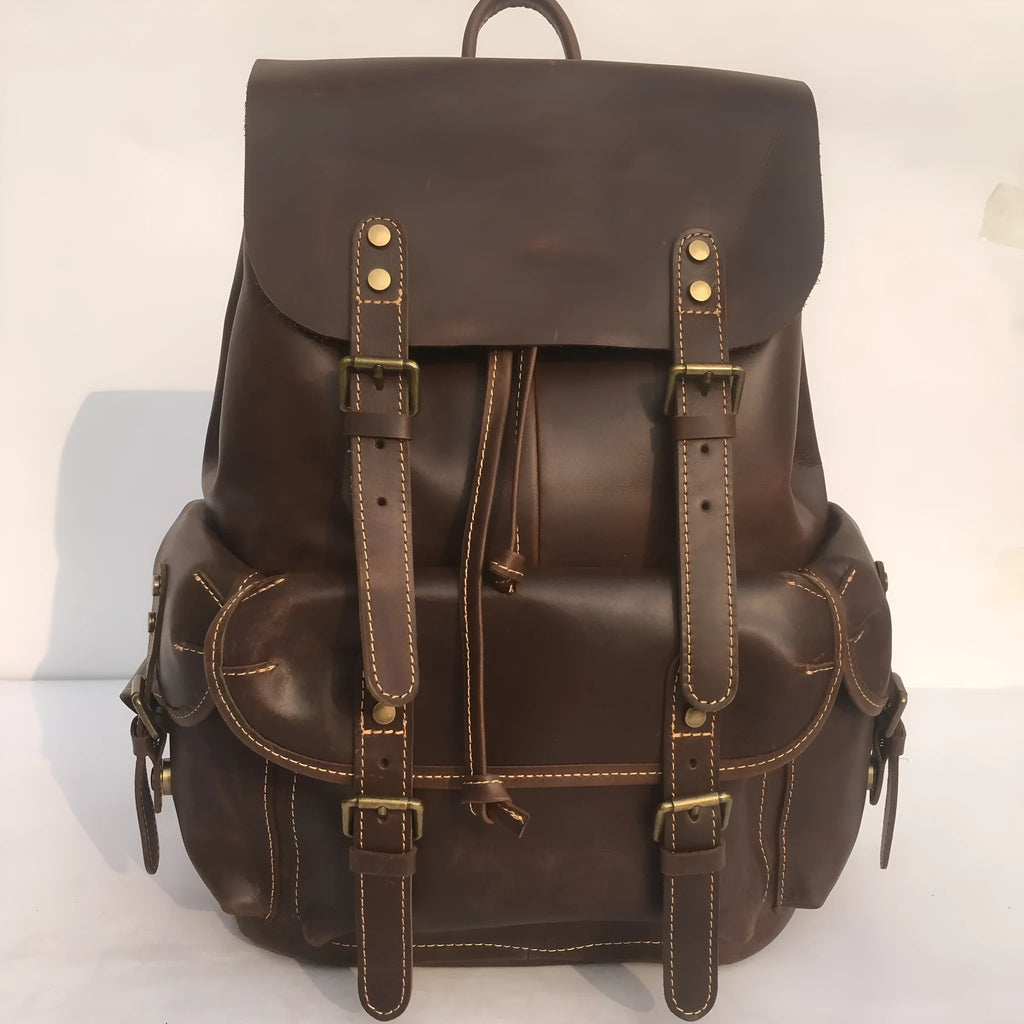 Brown men's genuine leather backpack with air pillow belt shoulder straps