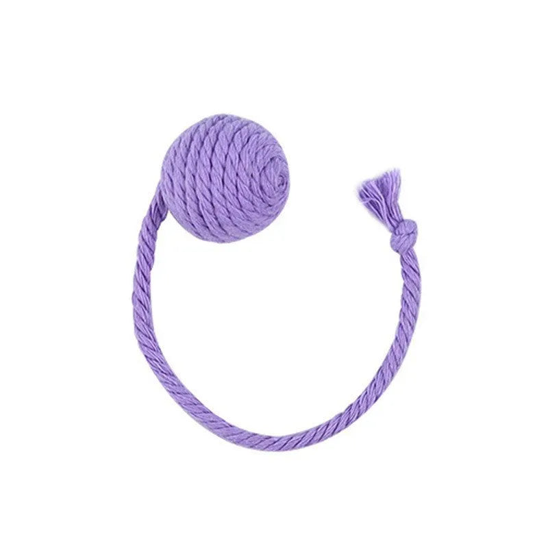 Cat toy ball with rope handle in green, pink, purple or yellow colours with internal bell