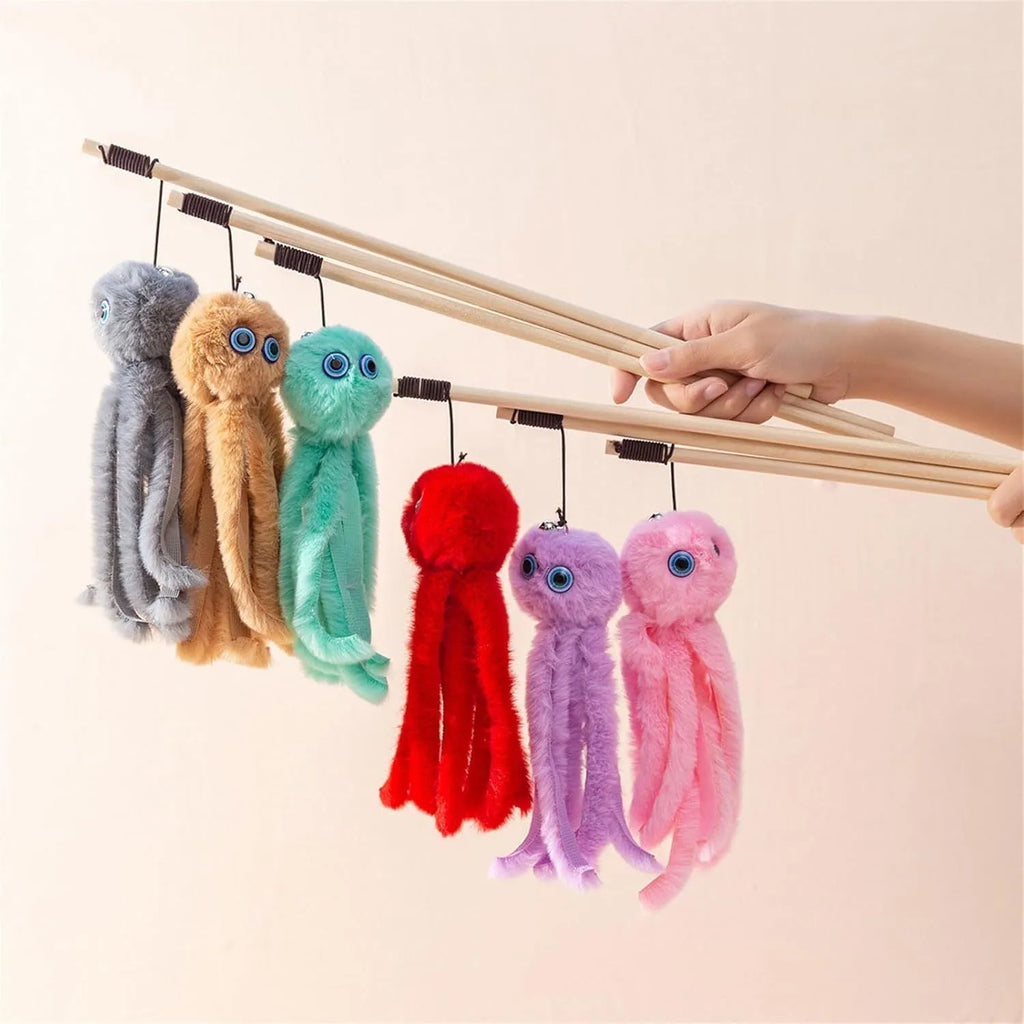 Octopus cat toy with long stick in multiple colours for indoor play
