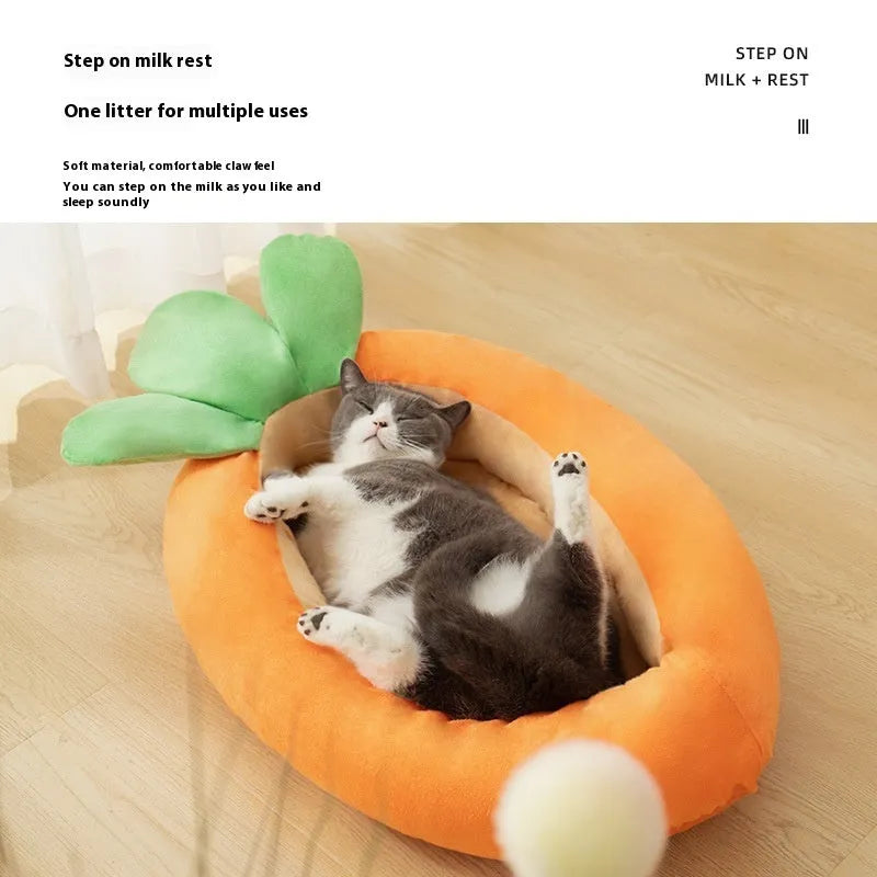 Cartoon carrot pattern double-sided cloth pet mat with non-slip backing in carrot colour.