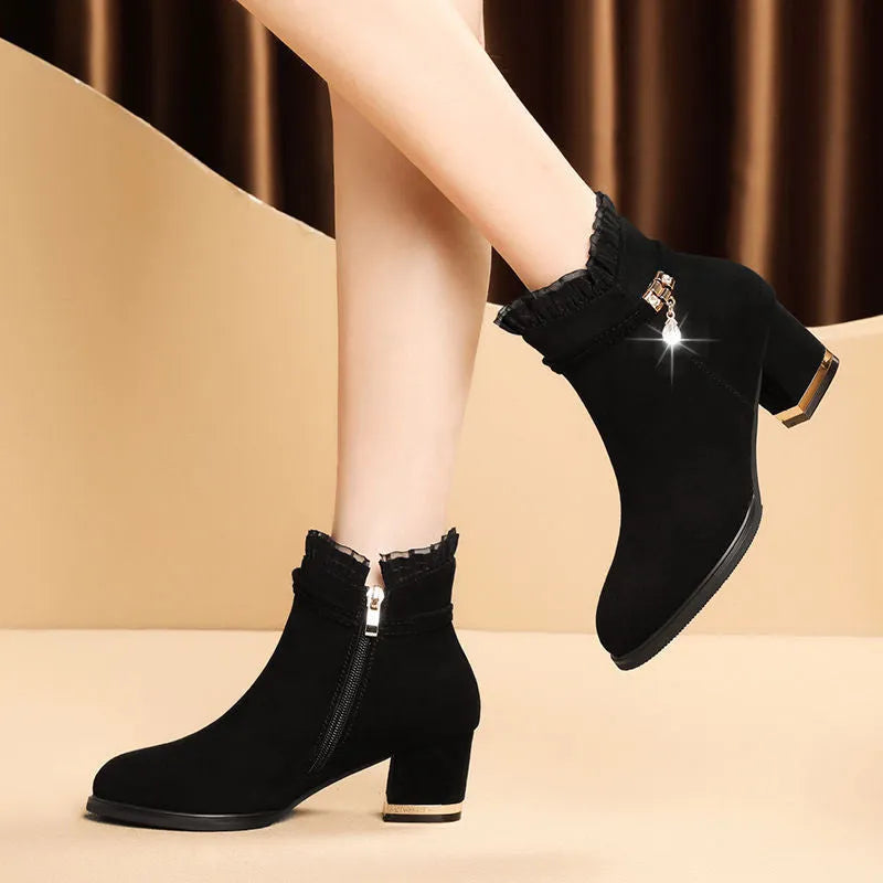 Black Season Tide sandal boots with mid-heel, tassel detail, and round toe for women