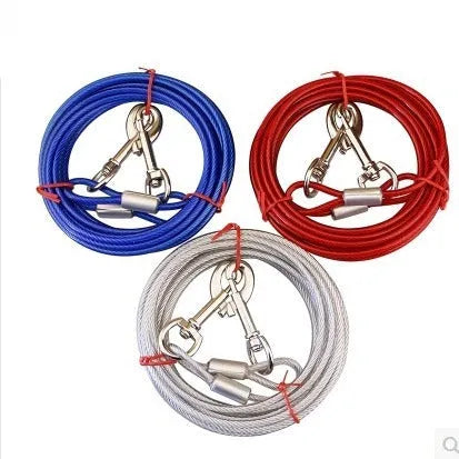 Double-headed dog leash with steel wire rope and iron chain, shown in a listed colour such as blue or black.